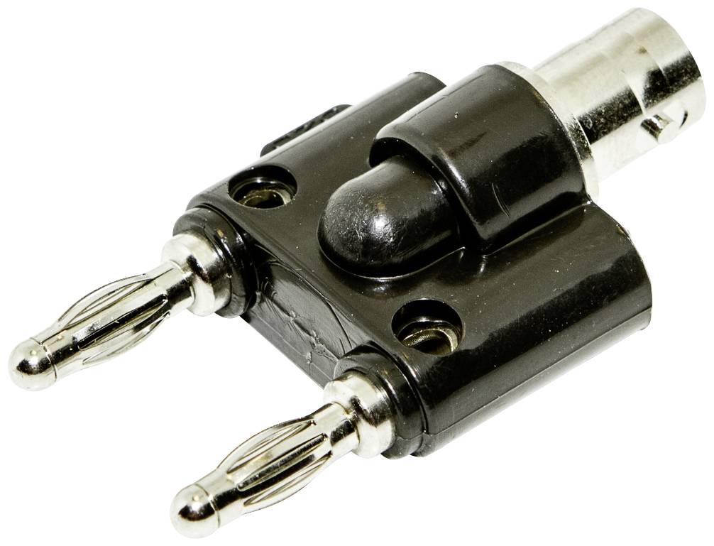 Adaptateur noir et argenté avec deux connecteurs métalliques en bas et un raccordement cylindrique en haut, sur un fond blanc.