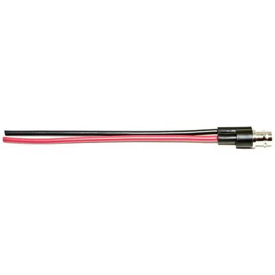 Un câble noir et un câble rouge sont fixés à une fiche métallique ronde qui sert à connecter des composants électroniques.