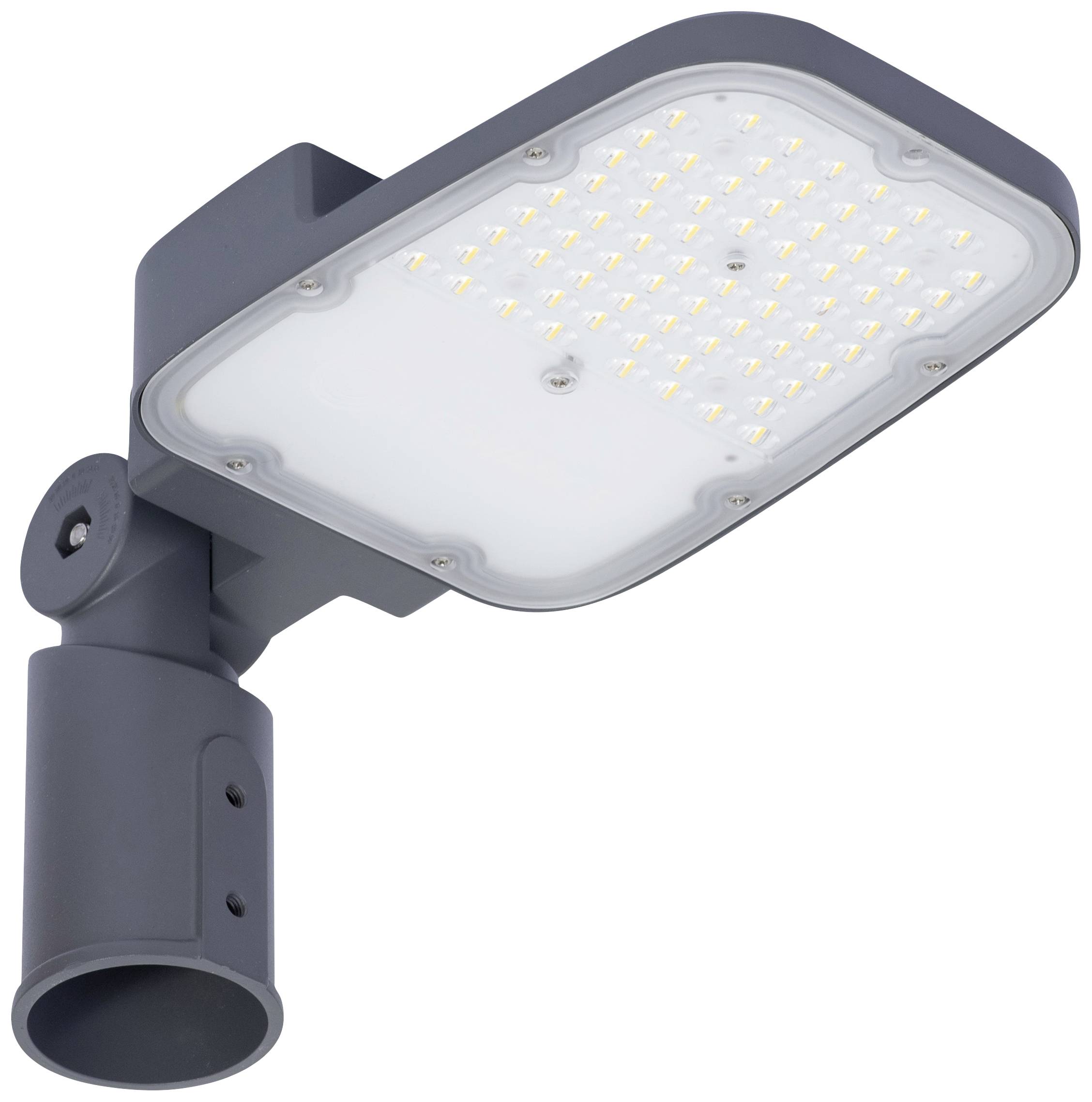 Un lampadaire moderne, rectangulaire, équipé de lumières LED, monté sur un support cylindrique court.