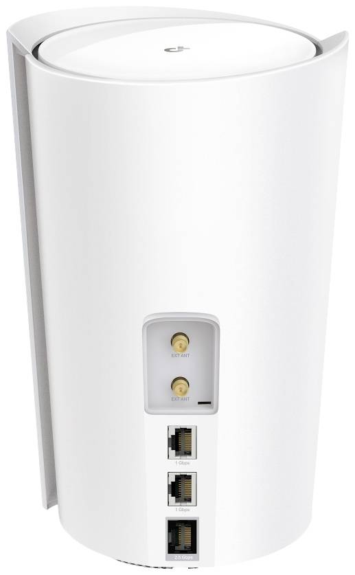 Un routeur blanc de forme cylindrique avec trois ports Ethernet et deux connexions d'antenne à l'arrière.