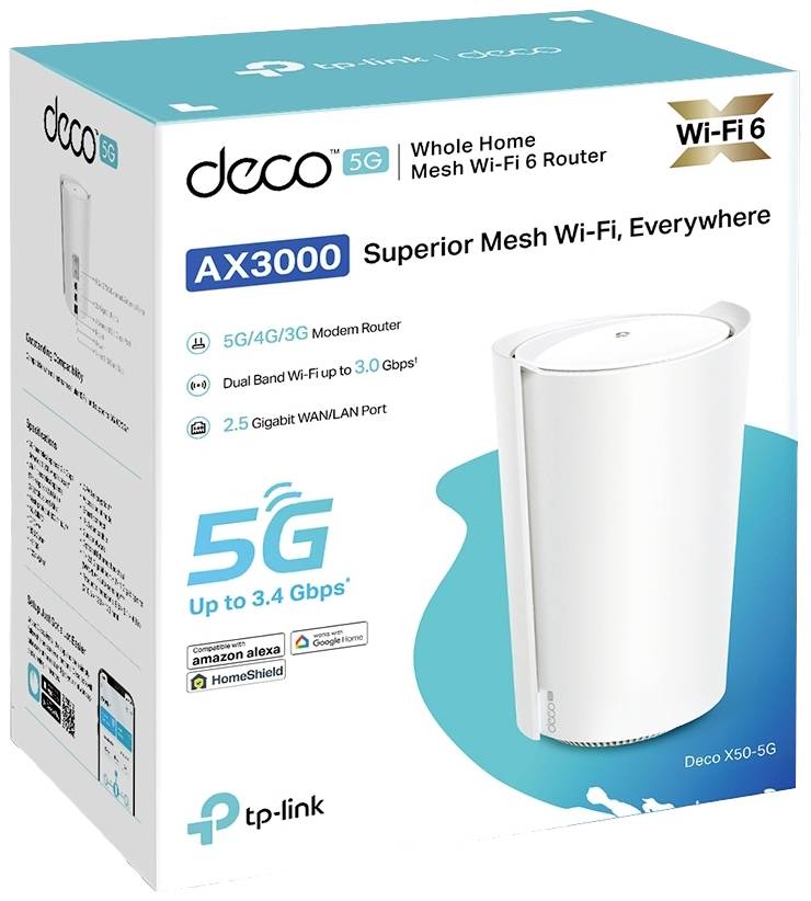 Routeur maillé Wi-Fi 6 Deco 5G AX3000 présentant des fonctionnalités telles que vitesse 5G jusqu'à 3,4 Gbps, Wi-Fi double bande et port WAN/LAN 2,5 Gigabit.