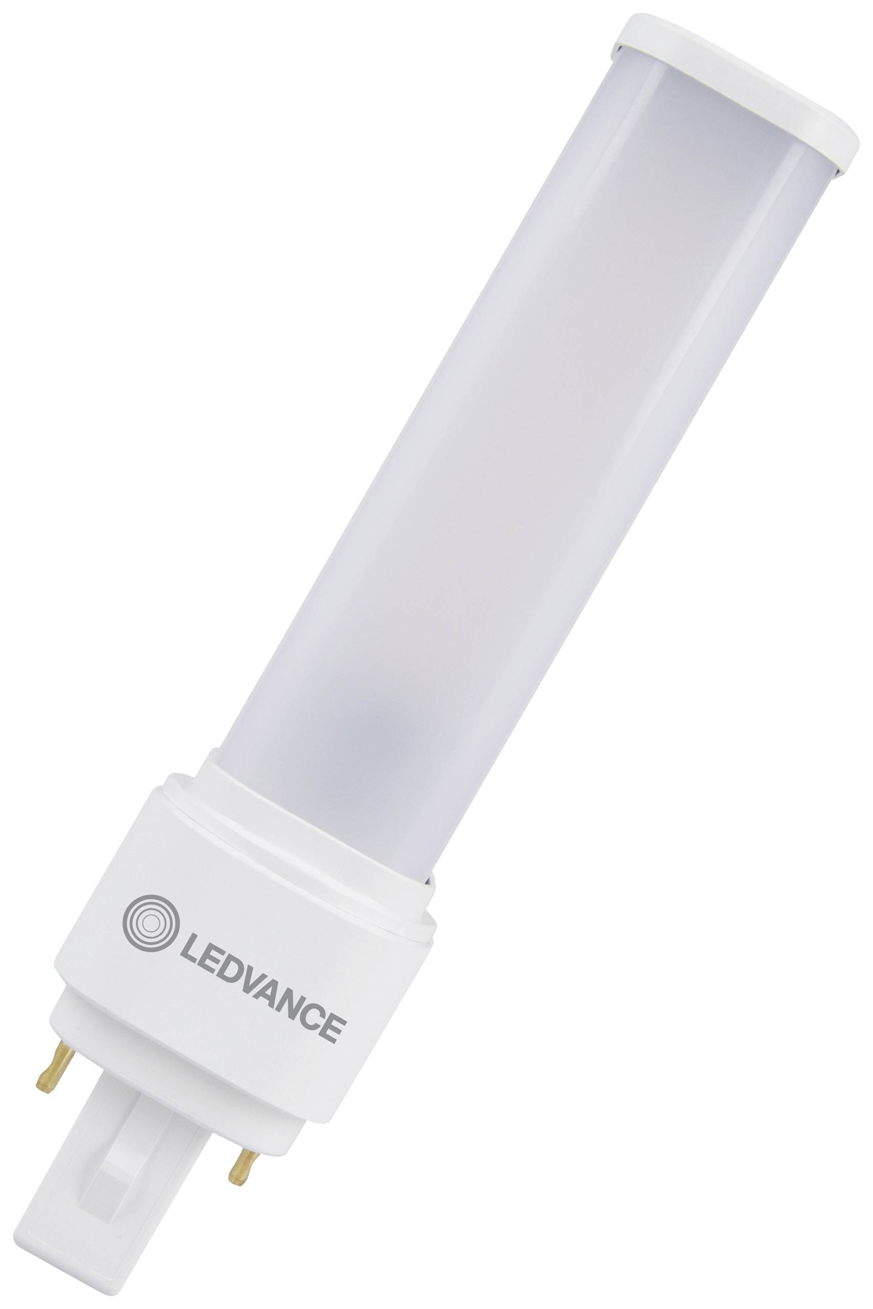Une lampe LED de forme cylindrique avec un socle blanc, portant l'inscription 'LEDVANCE'.