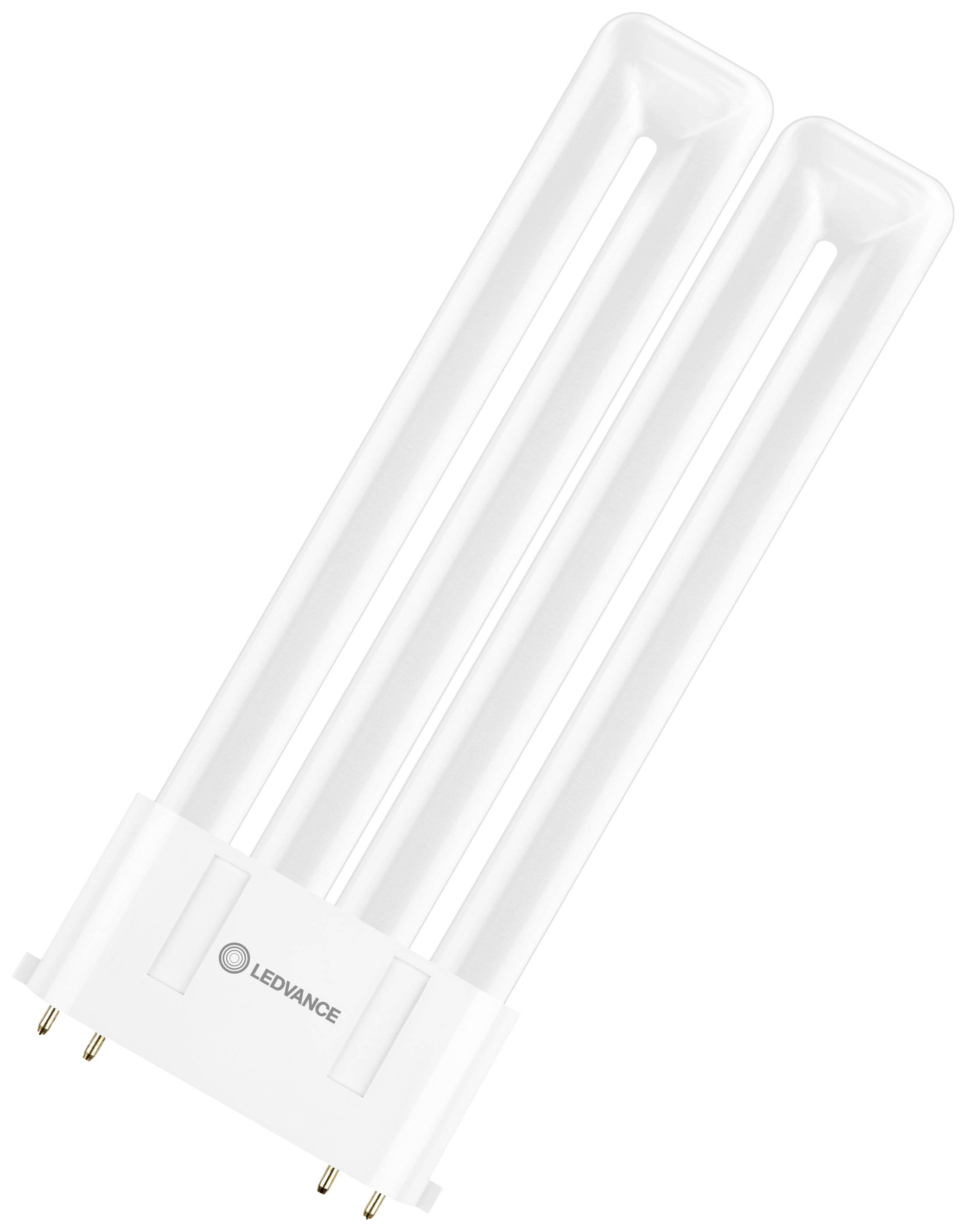 Un luminaire LED blanc à faible émission de lumière de Ledvance, composé de deux tubes parallèles et de quatre broches pour insertion dans un luminaire.