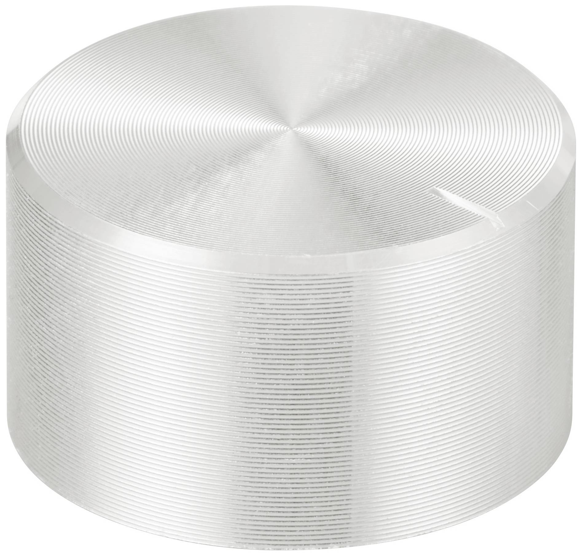 Bouton cylindrique argenté à surface striée et finition brillante, typique des régulateurs d'appareils audio.