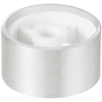 Cylindre blanc rond en plastique avec un bord argenté strié, probablement un filtre ou un composant d'un dispositif technique.