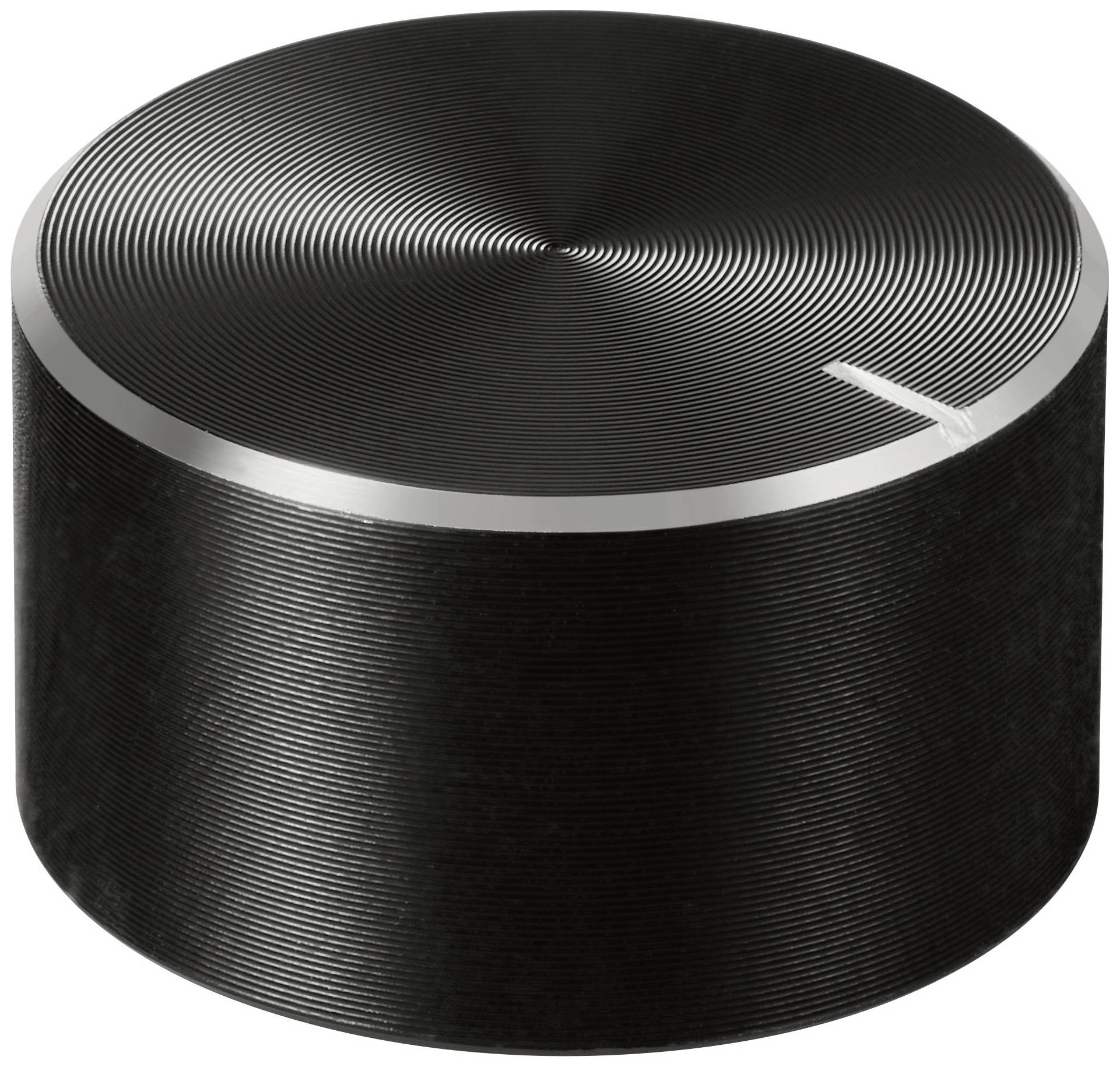 Un bouton rotatif noir strié avec une surface métallique et un petit repère indiquant la position.