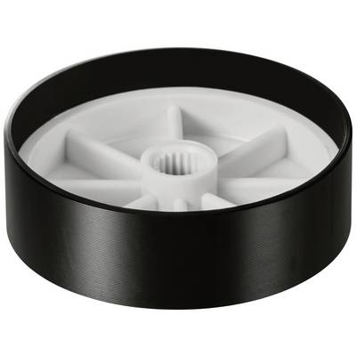 Une roue noire en plastique avec une structure de rayons blancs au centre, probablement un composant d'un appareil ou d'une machine.