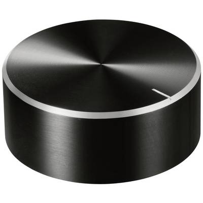 Potentiomètre rond noir avec des touches argentées et un marquage fin en haut. Design discret et moderne.