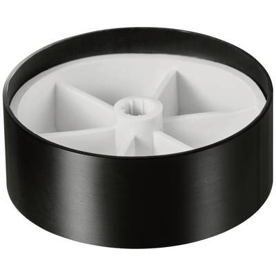 Roue en plastique noir avec une structure de rayons blanc en forme d'étoile au centre. La roue pourrait convenir à des jouets ou à de petits appareils.