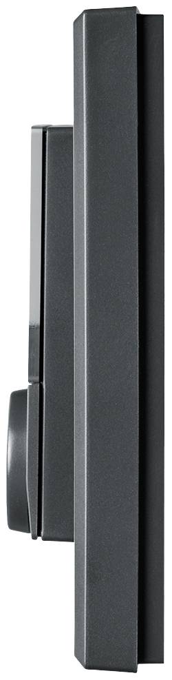 Vue latérale d'une poignée de porte noire moderne sur un fond blanc. La poignée présente un design épuré et rectangulaire.
