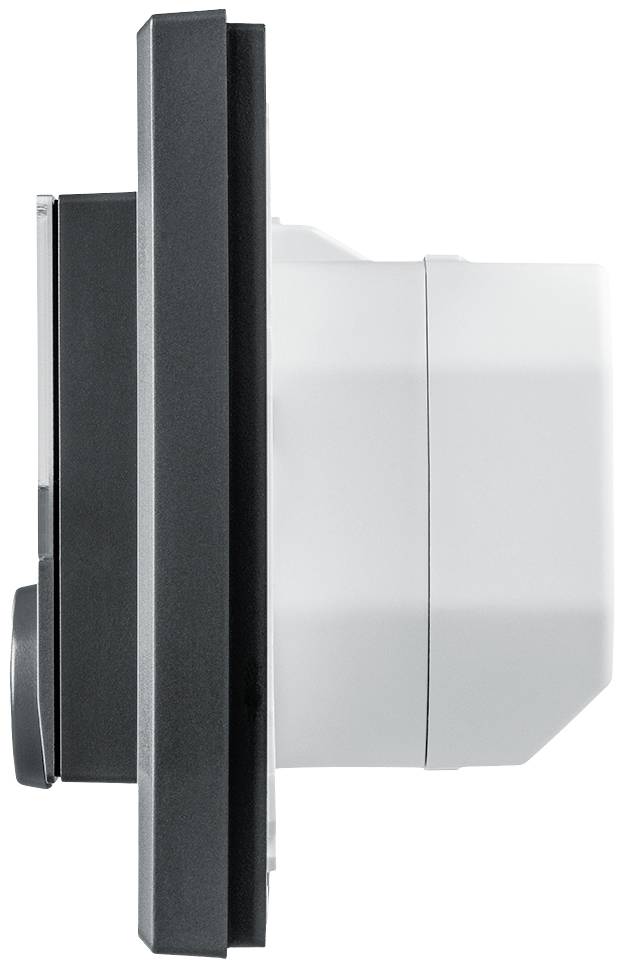 Vue latérale d'une caméra de surveillance avec un boîtier noir et un objectif blanc.