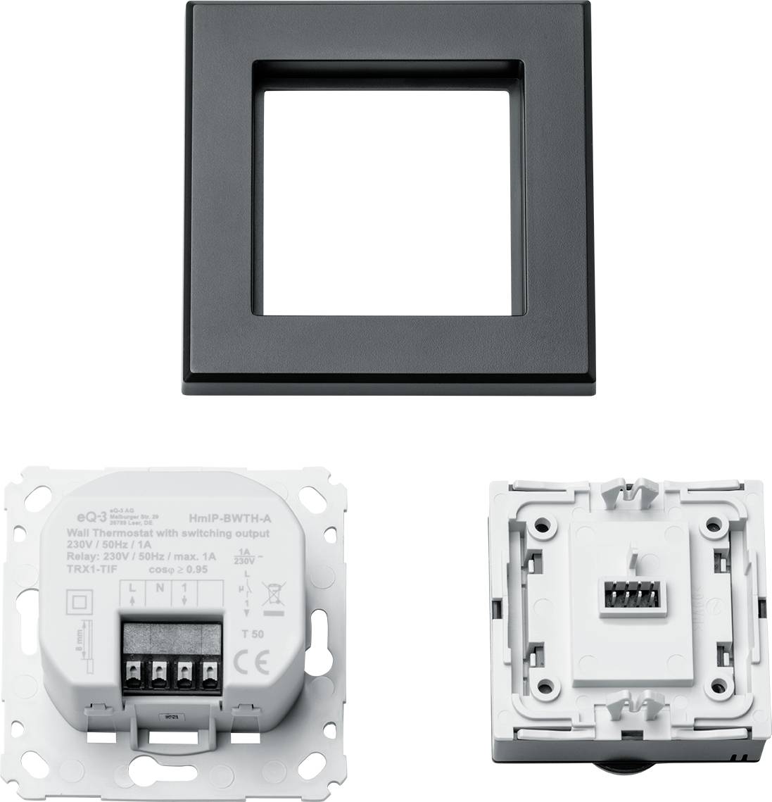 Composants du thermostat : Cadre noir, module thermostatique avec connexions, cadre de montage. Sert au contrôle de la température.
