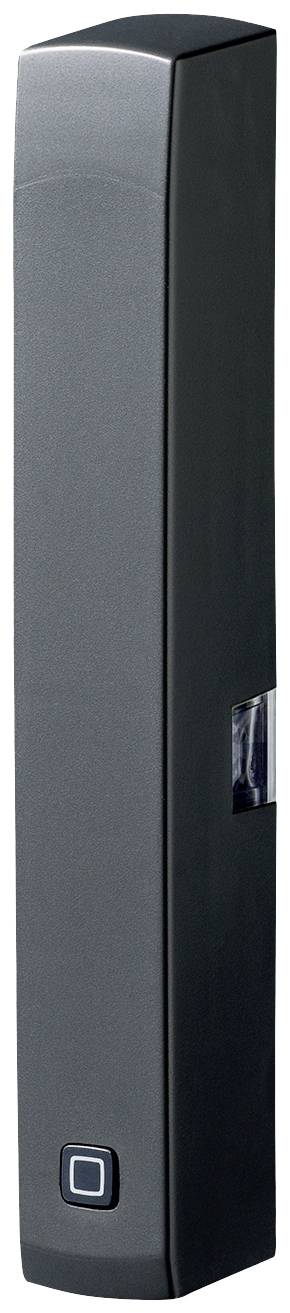 Enceinte sur pied noir au design élancé et vertical, avec un bouton de commande situé en bas. Idéal pour les systèmes home cinéma.