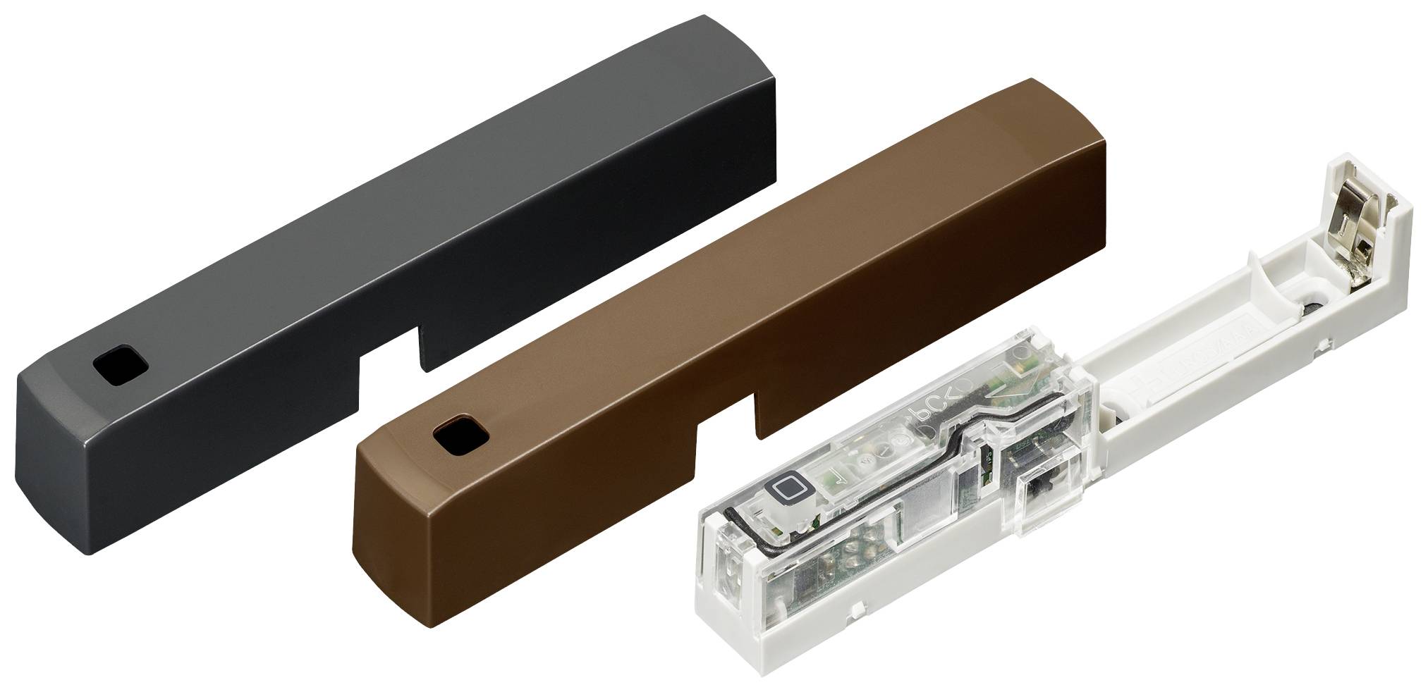 Trois capteurs de contact électroniques pour portes en différentes couleurs (noir, marron, blanc) pour surveiller les mouvements de portes.