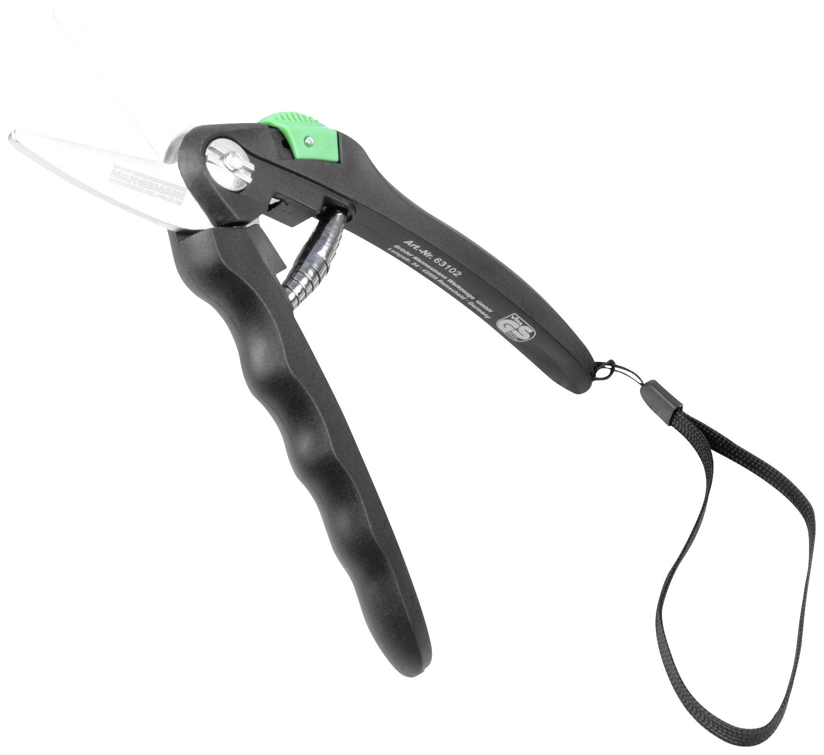 Un sécateur noir avec une poignée ergonomique et une dragonne de sécurité. Il dispose d'un mécanisme de verrouillage vert pour une sécurité supplémentaire.