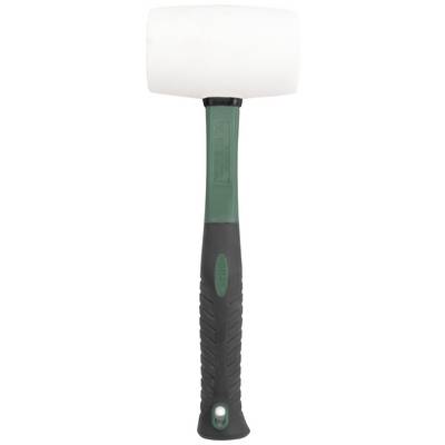 Un marteau en caoutchouc blanc avec une poignée verte et noire, adapté pour frapper délicatement des surfaces sensibles.