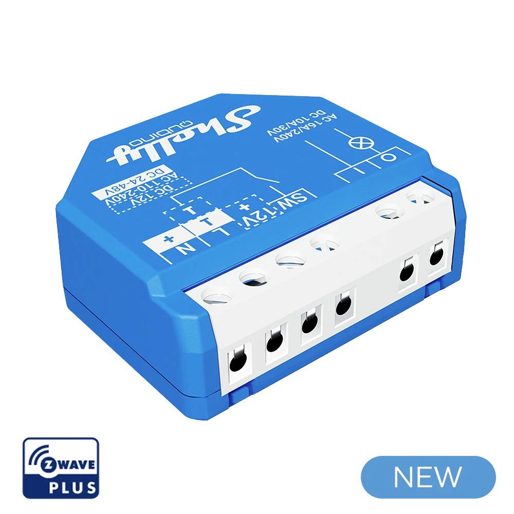 Un interrupteur domotique bleu de Shelly. Étiquette : 'NOUVEAU', 'Z-Wave Plus'. Développé pour contrôler les appareils de la maison.