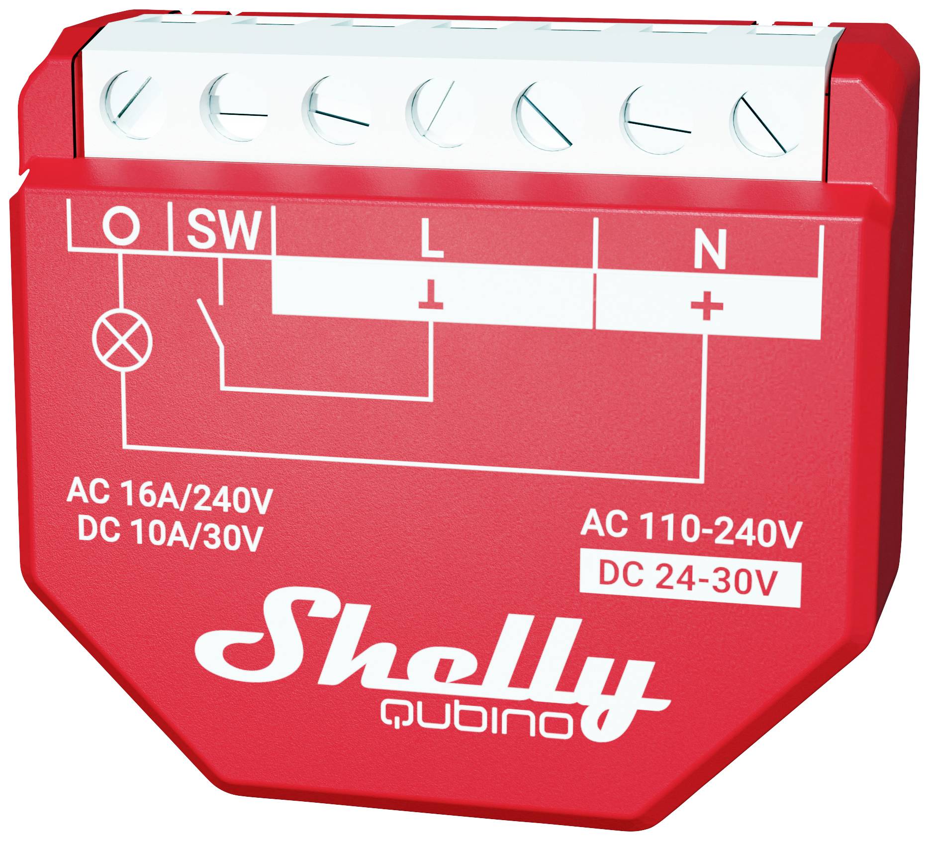 Relais Shelly Qubino rouge avec schéma de commutation et de raccordement pour circuits électriques. Marqué avec des indications de compatibilité AC et DC.