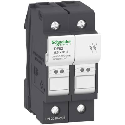 Disjoncteur bipolaire de Schneider Electric, modèle DF82, avec l'inscription '8,5 x 31,5' et le texte d'avertissement 'Ne pas utiliser sous charge'.