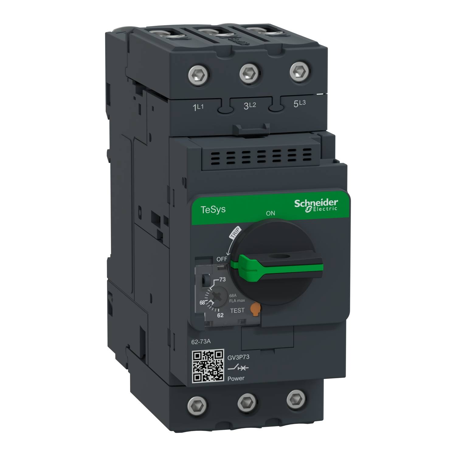 Disjoncteur noir avec interrupteur vert de Schneider Electric. Étiquettes en haut '1L1', '3L2', '5L3'.