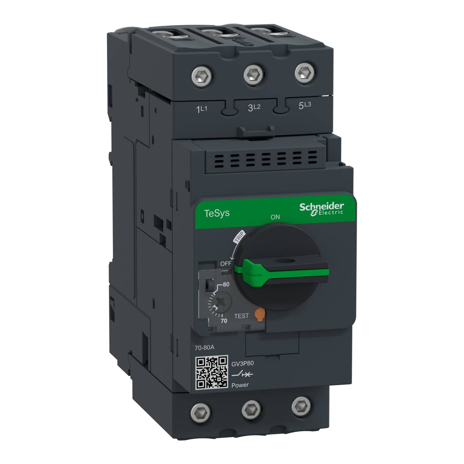Un disjoncteur noir de Schneider Electric avec un levier vert, modèle 'TeSys'. Adapté aux applications industrielles.