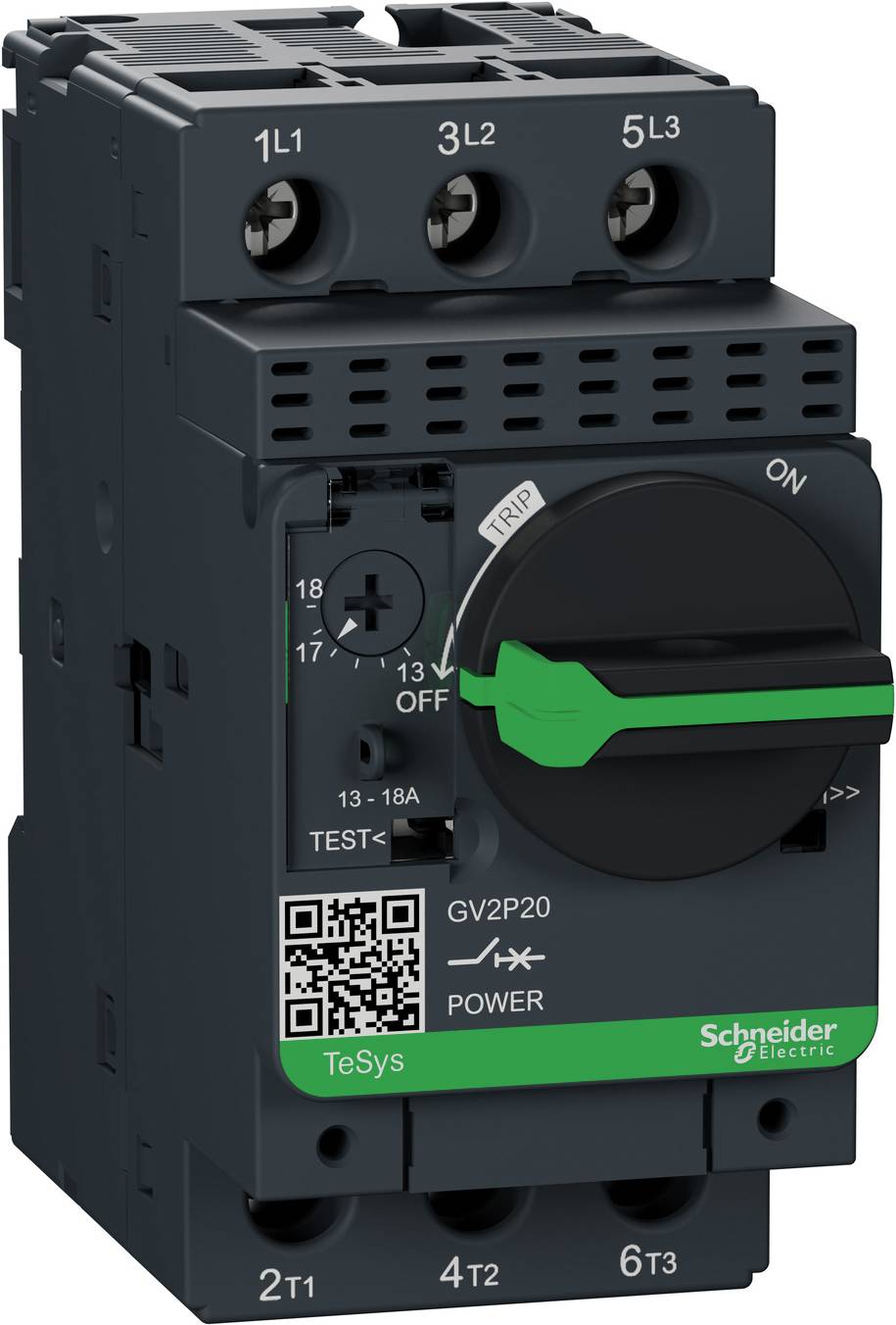 Un disjoncteur de Schneider Electric, type TeSys GV2P20, avec position de commutateur marche/arrêt verte. Adapté pour la commande de moteur.