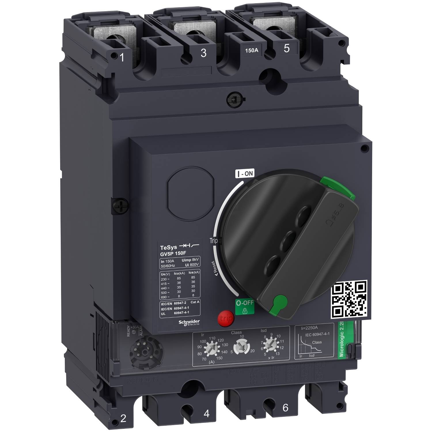 Disjoncteur automatique avec grand bouton rotatif, code QR et logo du fabricant. Conçu pour le contrôle électrique de commutation.