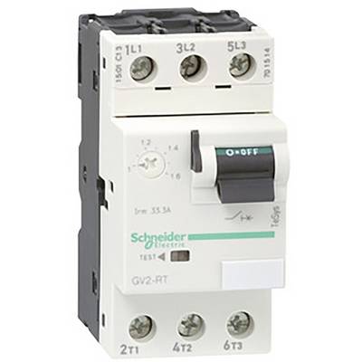 Un interrupteur sur un appareil électrique est en position 'ON/OFF'. En haut, six bornes sont présentes ; un logo vert 'Schneider Electric' est visible.