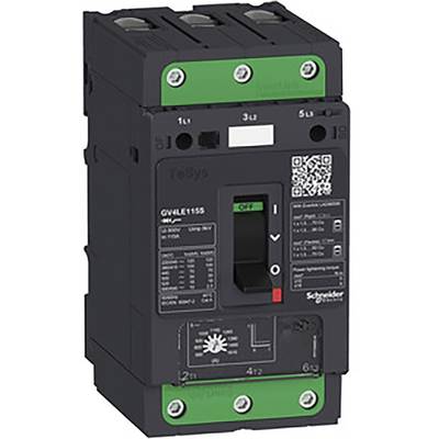 Image d'un disjoncteur noir avec des accents verts. Présente un interrupteur à bascule au centre avec différentes données techniques et un code QR sur la surface.