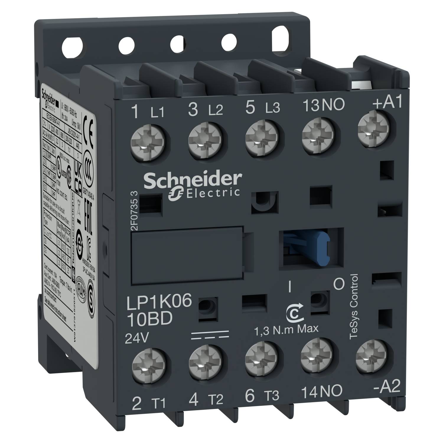 'Schneider Electric Schütz LP1K0610BD', 3 pôles, pour circuits de commande, bobine 24V CC, série TeSys K, avec marquage CE.