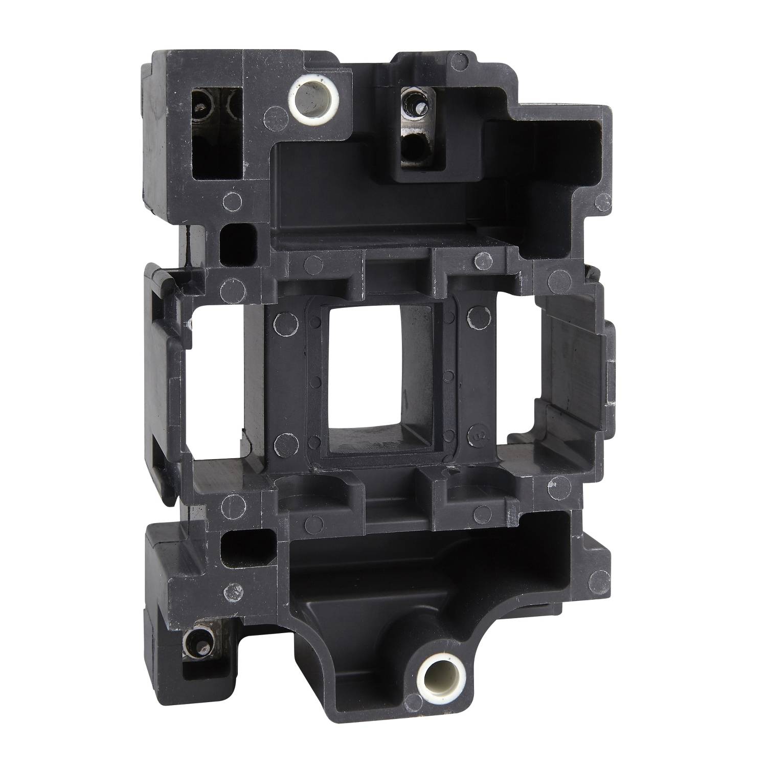 Support en plastique noir avec des ouvertures rectangulaires et des trous de vis pour la fixation d'appareils ou de composants.