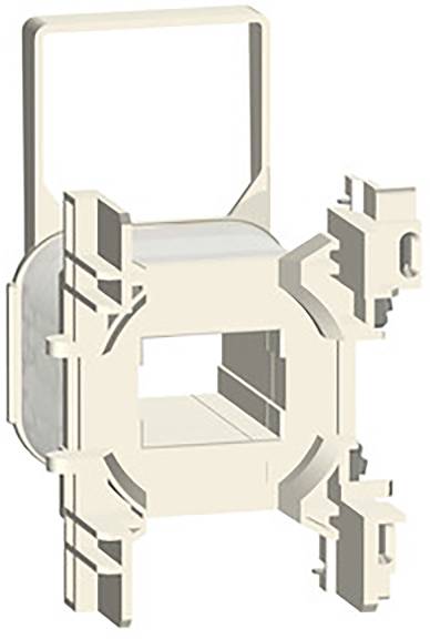 Composant en plastique avec une ouverture rectangulaire et un crochet, probablement un élément d'un dispositif technique ou d'un support de fixation.