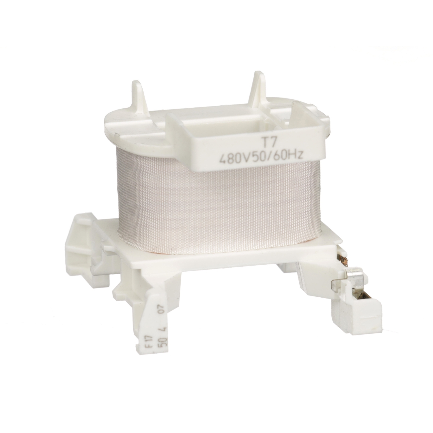 Un corps de bobine électrique cylindrique blanc, étiqueté '480V50/60Hz'. Sert de convertisseur de fréquence dans les appareils électriques.