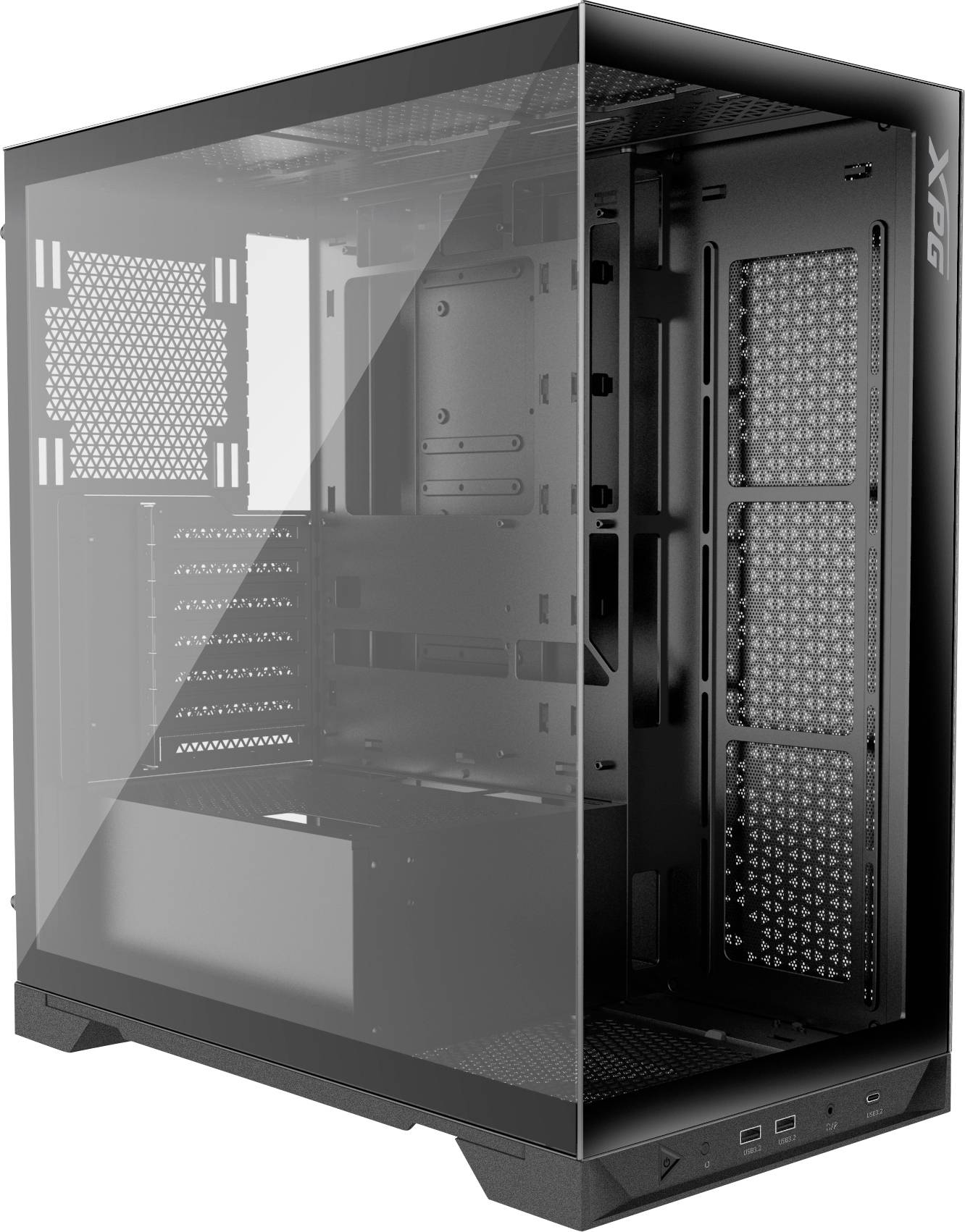 Boîtier d'ordinateur noir avec côté transparent, révélant la disposition intérieure des composants informatiques, avec de nombreuses fentes de ventilation visibles.