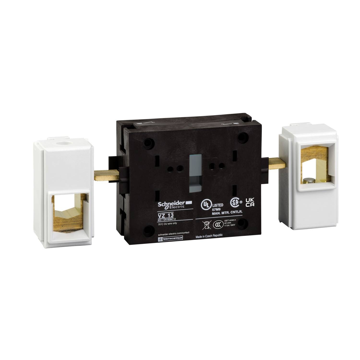 Un module électrique noir de Schneider Electric avec des embouts blancs, adapté aux applications industrielles.