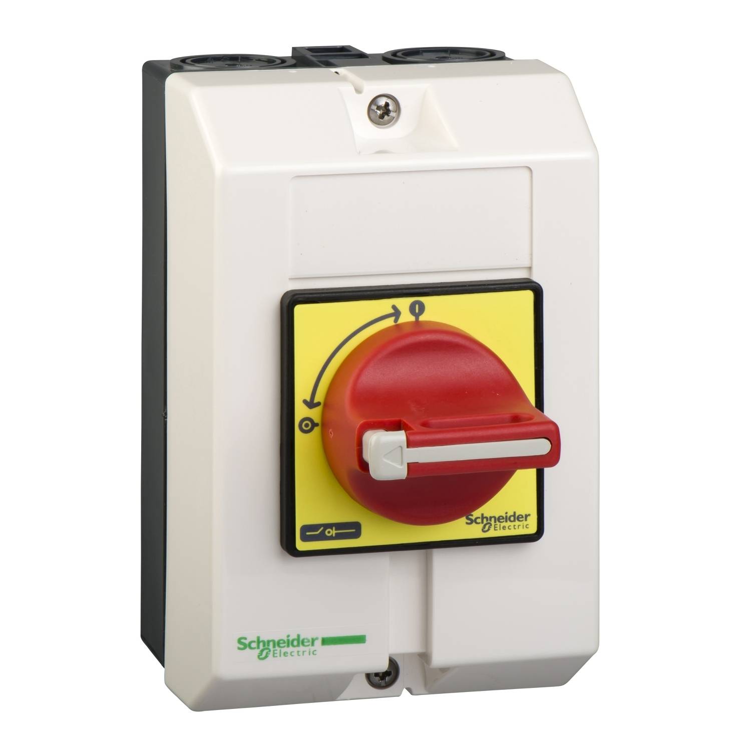 Un interrupteur principal de Schneider Electric avec un bouton rotatif rouge sur un fond jaune. Conçu pour des applications de sécurité et de commande.