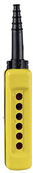 Dispositif de commande jaune vertical avec six touches rouges alignées et une poignée noire en haut.