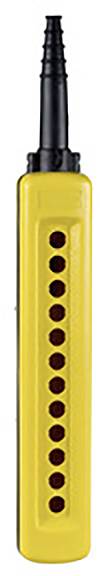 Un boîtier jaune avec dix boutons rouges alignés verticalement, muni d'une poignée noire en haut.