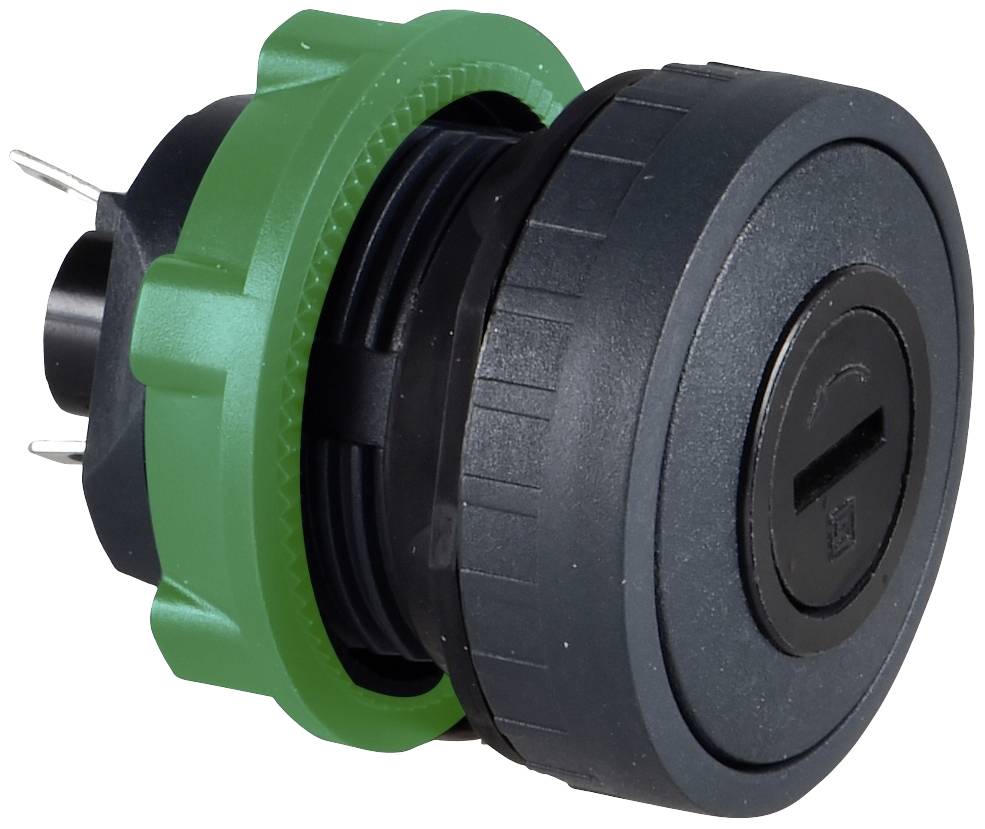 Un interrupteur vert rond avec un bouton rotatif noir, utilisé pour des applications industrielles.