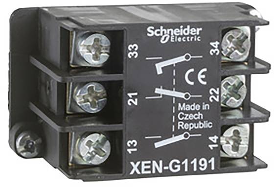 Relais électrique de la marque Schneider Electric portant l'inscription 'Made in Czech Republic', numéro de modèle XEN-G1191, sur boîtier noir.