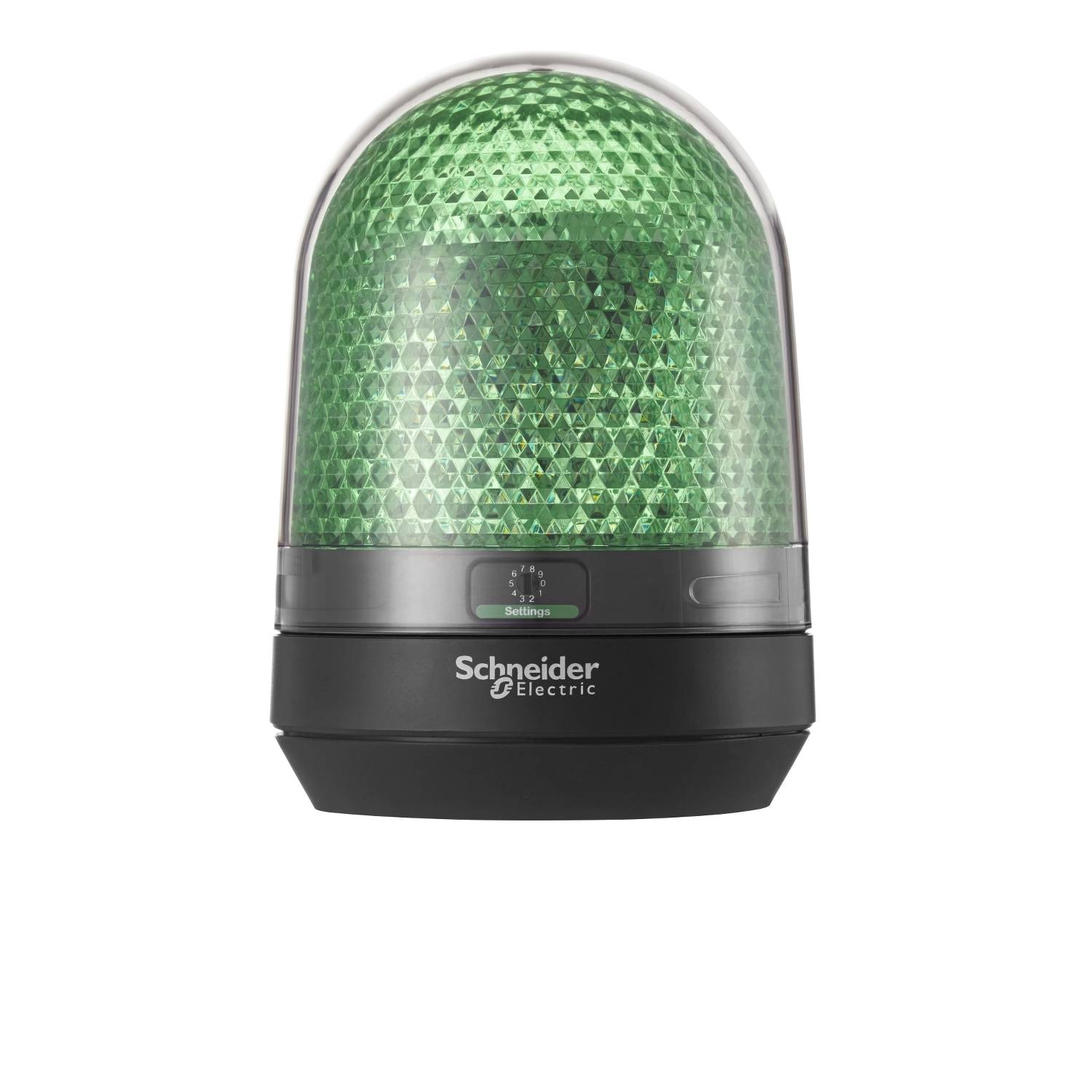 Un voyant vert de Schneider Electric, de forme cylindrique, avec un socle noir, clignote et sert à l'avertissement ou à l'indication visuelle.