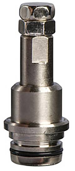Un insert de valve en métal chromé avec joint d'étanchéité, souvent utilisé dans les robinets pour réguler le débit d'eau.