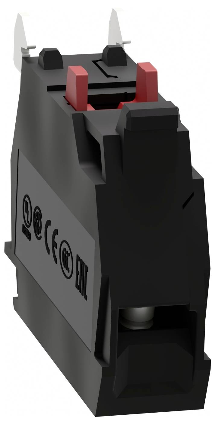 Un connecteur électronique noir avec des bornes rouges et noires, portant des logos de sécurité et de certification.