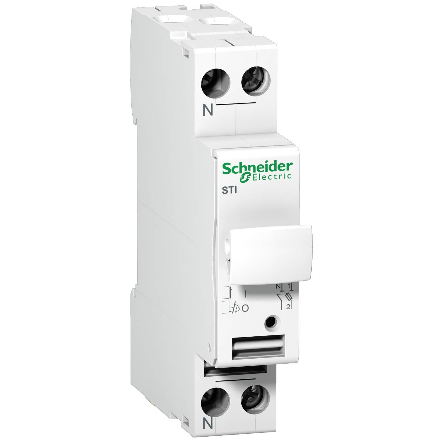 Disjoncteur de Schneider Electric, modèle 'ST1', pour applications de sécurité électrique avec deux connexions supérieure et inférieure.