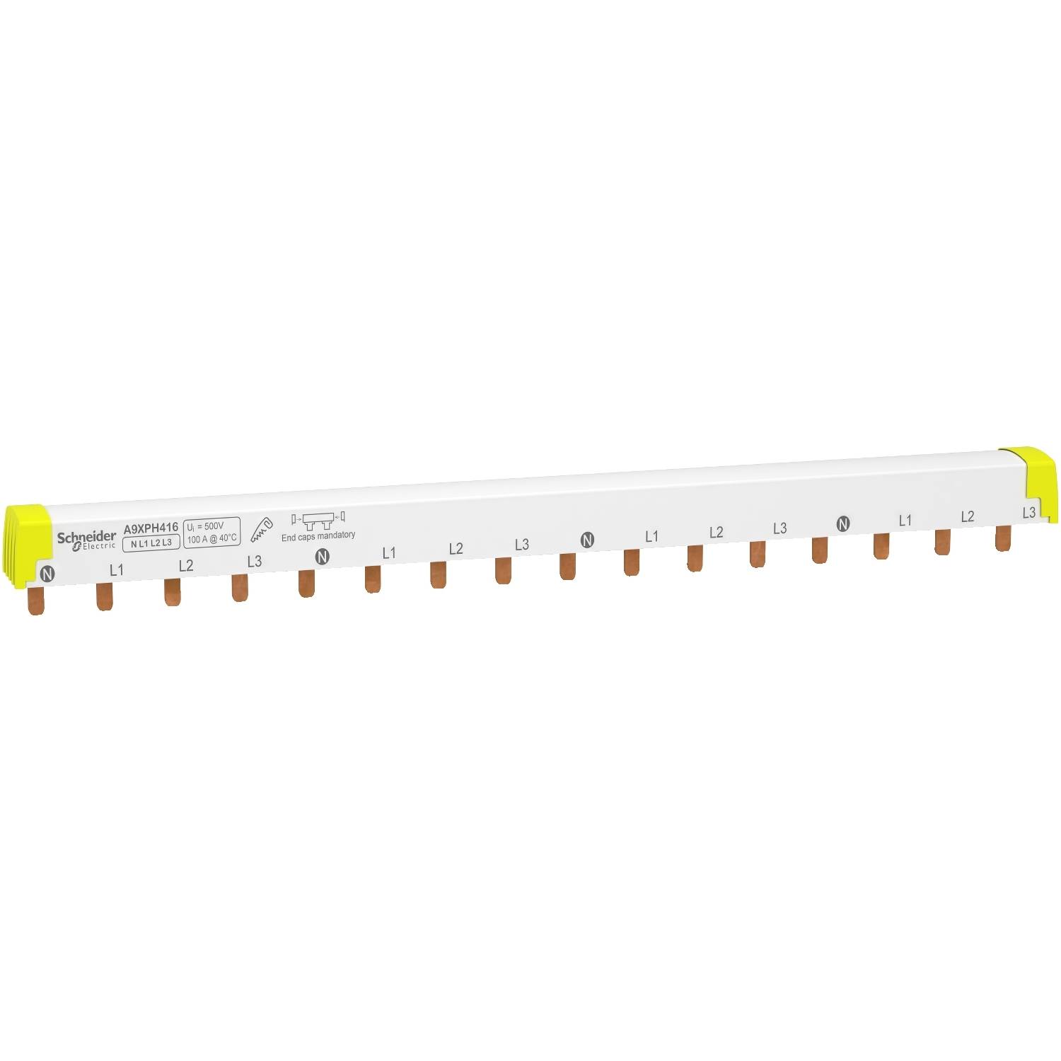 Barre de phase 18 pôles de Schneider Electric, modèle A9XPH618. Distribue les phases électriques L1, L2, L3 pour les disjoncteurs.