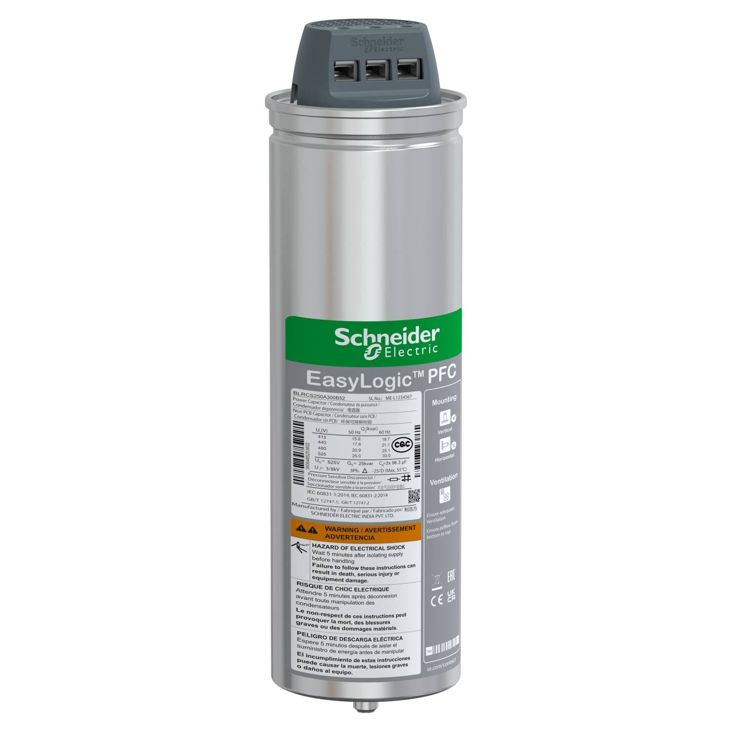 Un condensateur cylindrique de la marque Schneider Electric. Modèle : EasyLogic PFC. Le produit présente un boîtier argenté et un logo vert.