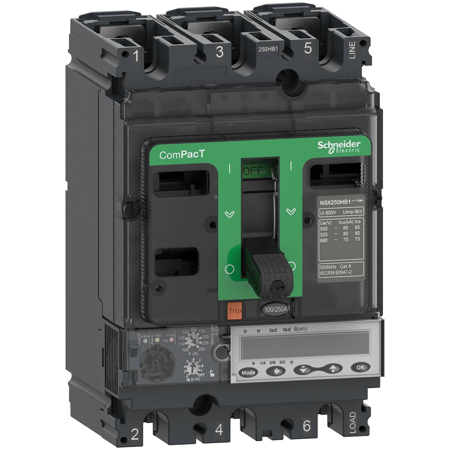Un disjoncteur noir de Schneider Electric avec un levier vert au centre. Des bornes numérotées sont situées en haut et en bas.