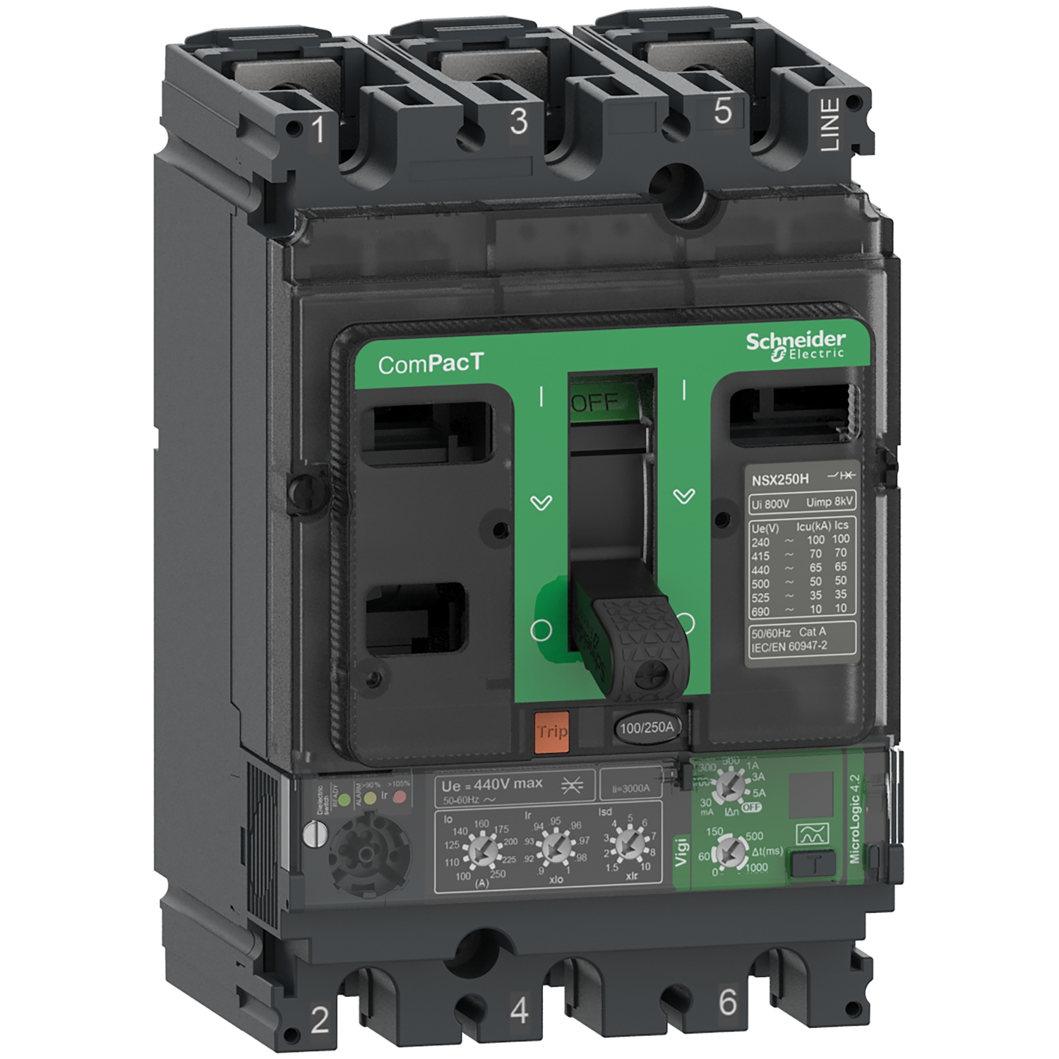Un disjoncteur électrique Schneider Electric, modèle ComPact NSX250H, conçu pour une capacité allant jusqu'à 250 A avec interrupteur basculant.
