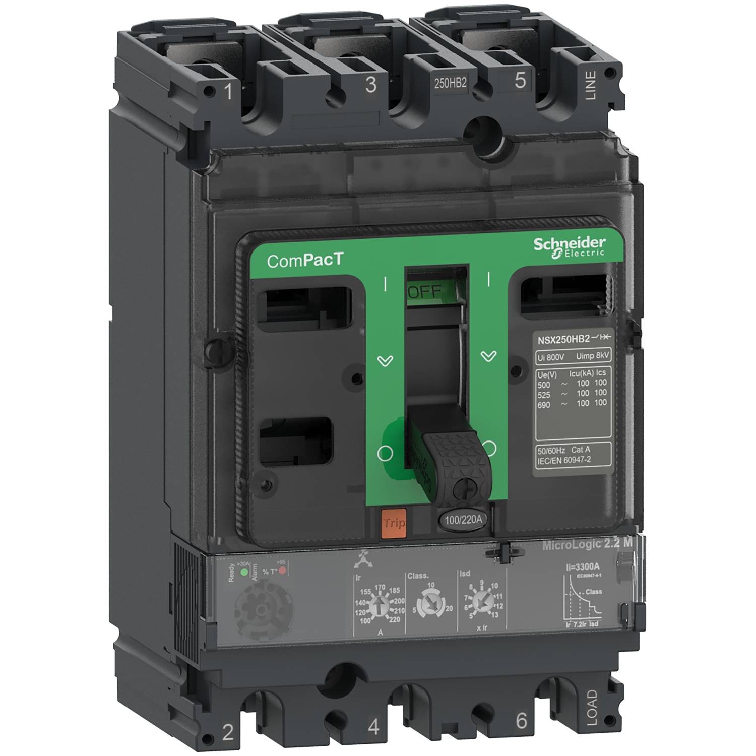 Disjoncteur de Schneider Electric, modèle ComPacT avec interrupteur vert et MicroLogic 2.2M, NXS250H, 250A, 100-240V.