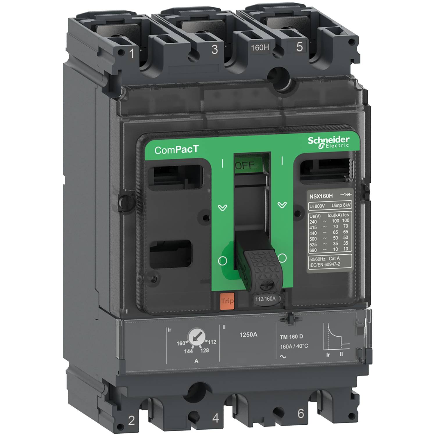 Disjoncteur tripolaire 'ComPacT NSX160N' de Schneider Electric, avec levier vert et spécifications techniques sur la façade.